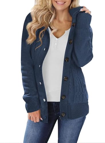 HAPPY SAILED Damen Langarm Strickjacke Cardigan Strickcardigan mit Knopf Blau, L von HAPPY SAILED