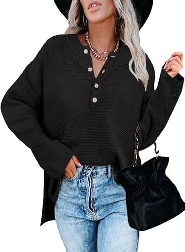 HAPPY SAILED Damen Schwarz Pullover Loose Strick Sweatshirt Einfarbig Strickpullover Casual Langarmshirt Oberteile Tops Mit Knopf S von HAPPY SAILED