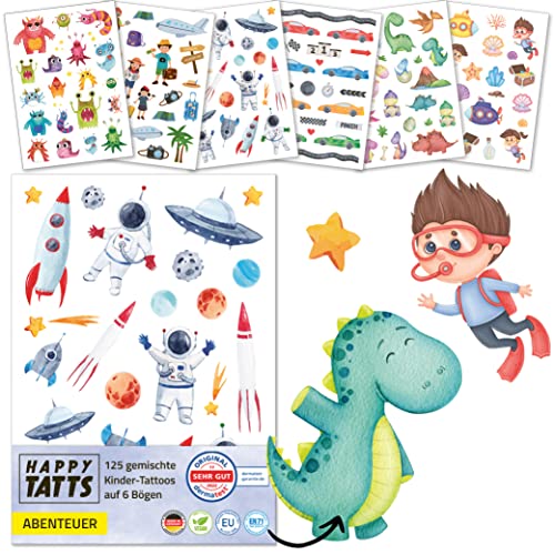 HAPPY TATTS: 125 hochwertige Kinder Tattoos 'Abenteuer' - Wundervolle Motive. Unbedenklich, hautfreundlich, 100% vegan - Perfekte Geschenkidee für Kinder - Sicher & zuverlässig - dermatest 'sehr gut' von HAPPY TATTS