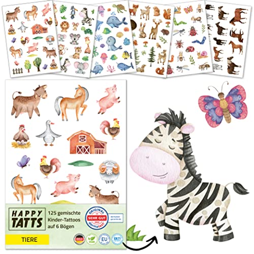 HAPPY TATTS: 125 hochwertige Kinder Tattoos 'Tiere' - Wundervolle Motive - Unbedenklich und hautfreundlich - 100% vegan - Perfekte Geschenkidee für Kinder – Sicher & zuverlässig - dermatest 'sehr gut' von HAPPY TATTS