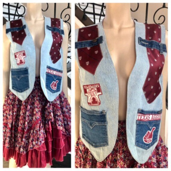 Coole Vintage 80Er/90Er Jahre Texas Aggies Atm Handgemachte Denim Wendeweste Mit Taschen Und Aufnähern Medium Large von HAPPYClothesdesigns