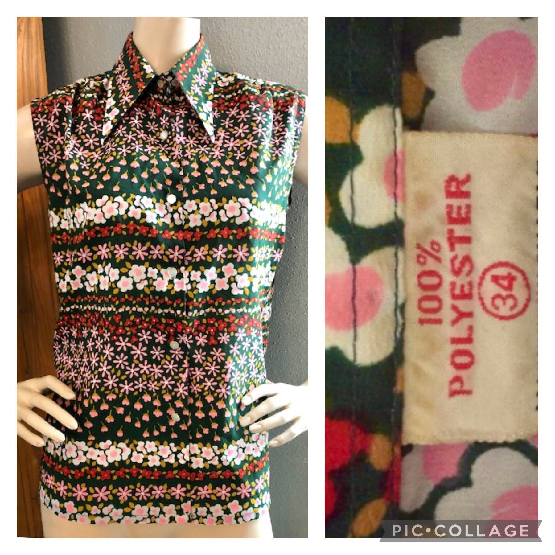 Groovy 60Er/70Er Jahre Ärmellose Bluse Mit Weitem Kragen Zum Knöpfen in Grün Und Pink Medium Groovy 60Er/70Er Jahre Ärmellose Bluse Mit Weitem Kragen Zum Knöpfen in Grün Und Pink Medium von HAPPYClothesdesigns