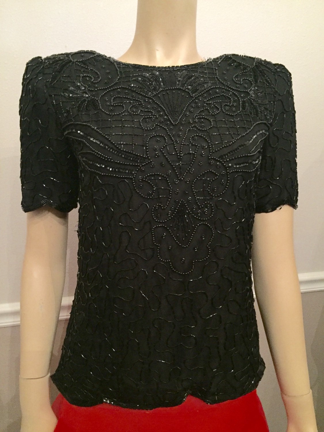 Schwarz Perlen Vintage 80Er Jahre Laurence Kazar New York Bluse/Medium von HAPPYClothesdesigns