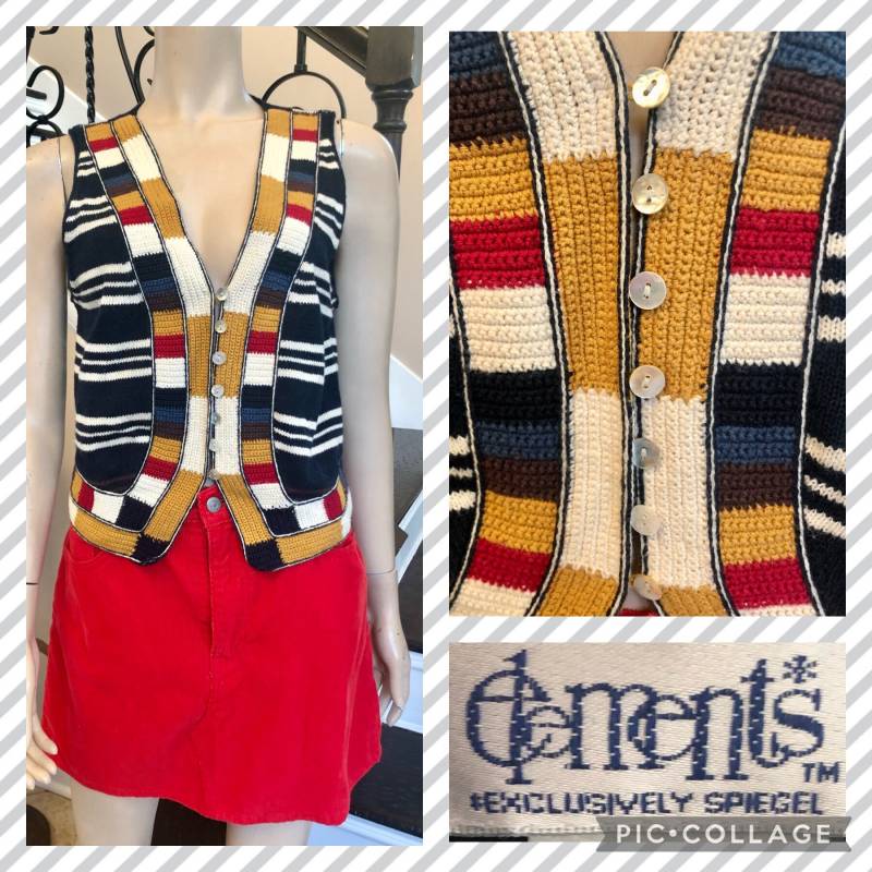 Süße Vintage 80Er/90Er Jahre Pullunder-Weste Von Spiegel Exclusive Elements Mit Marineblauem Und Mehrfarbigem Streifen-Design Der 70Er Small von HAPPYClothesdesigns