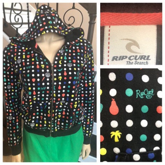 Süßer Vintage 90Er Jahre Surf Hoodie Von Rip Curl Mit Reißverschluss Vorne Und Taschen/Schwarz Mit Retro Punkt Strand Print Medium von HAPPYClothesdesigns