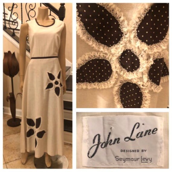 Süßes Vintage 70Er Jahre Boho Hippie Kleid John Lane By Seymour Levy Ärmelloses Off White Dress Mit Braunen Blumen Akzenten/Medium Large von HAPPYClothesdesigns