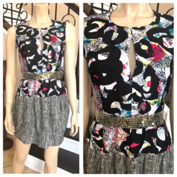 Vintage 80S Style Ärmelloses Rock-Kleid Mit Polyester Print Oben Und Tweed Unten Von Rachel Roy/Small von HAPPYClothesdesigns