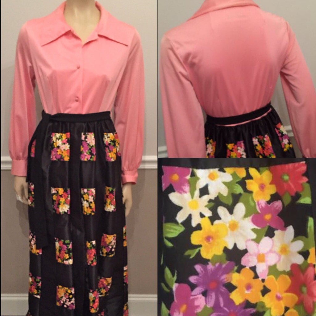 Vintage Unique Shadow Line 70Er Abendkleid Floral/Pink Polyester Maxikleid . Größe Medium von HAPPYClothesdesigns