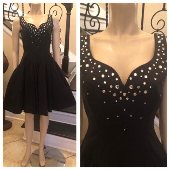 Wunderschönes Vintage 80Er Jahre Morton Miles For The Warrens Schwarzes Kleid Mit Strasssteinen Und Tüllunterrock/Abschlussball Formelle Schwarze von HAPPYClothesdesigns