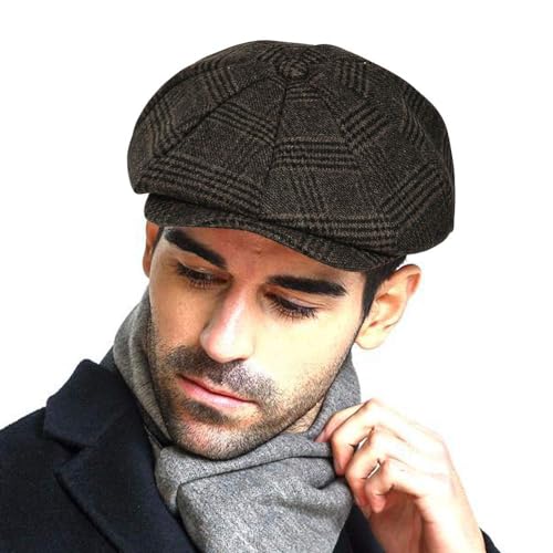 Peaky Stil Schirmmütze Herren, 50% wool Schiebermütze Schwarz Driving Cabbie Jagd Flatcap Newsboy Cap Tellermütze Fischgräten Tweed Retro Schlägermütze Gatsby Baker Boy Schirmmutzen Warm Komfortabel von HAPPYPOP