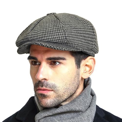 Peaky Stil Schirmmütze Herren, 50% wool Schiebermütze Schwarz Driving Cabbie Jagd Flatcap Newsboy Cap Tellermütze Fischgräten Tweed Retro Schlägermütze Gatsby Baker Boy Schirmmutzen Warm Komfortabel von HAPPYPOP