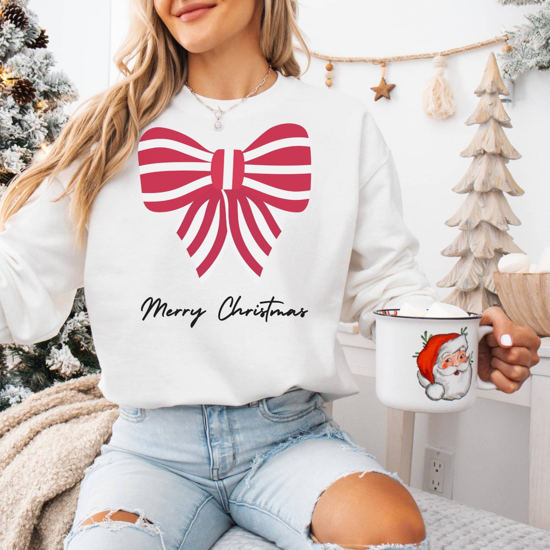 Weihnachts-Pullover - Elegantes Schleifenmotiv Kuscheliger Baumwollmix, S-2xl Weihnachts-Pullover - Elegantes Schleifenmotiv Kuscheliger Baumwollmix, S-2xl von HAPPYstatements