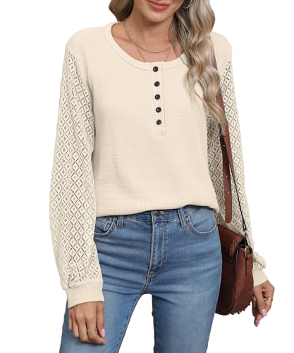 HAPYWER Langarmshirt Damen Elegante Bluse mit Knopfleiste und Spitzenärmeln Pullover Casual Winter Oberteile Tops Langarm von HAPYWER