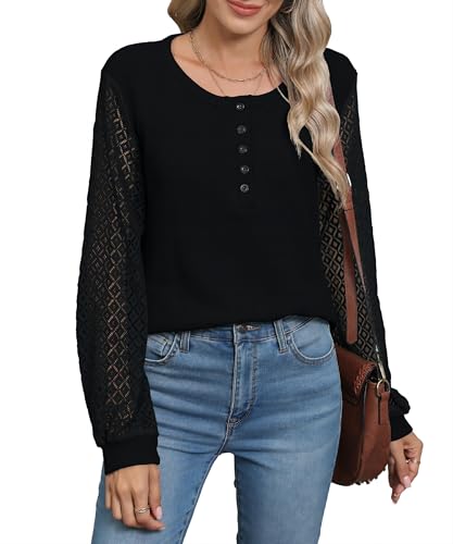 HAPYWER Langarmshirt Damen Elegante Bluse mit Knopfleiste und Spitzenärmeln Pullover Casual Winter Oberteile Tops Langarm von HAPYWER