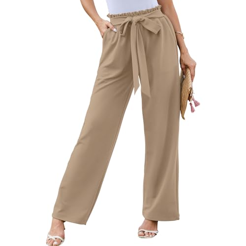 HAPYWER Damen Hose Weitem Bein Palazzo Hose Elegant Marlenehose für Büro Weit Hose Lang Culottes Hose Anzughose Hoher Taille S-XXL(Khaki,S) von HAPYWER