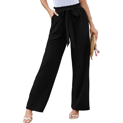 HAPYWER Damen Hose Weitem Bein Palazzo-Hose Elegant Marlenehose für Büro (Schwarz,L) von HAPYWER