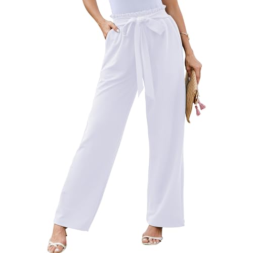 HAPYWER Damen Hose Weitem Bein Palazzo Hose Elegant Marlenehose für Büro Weit Hose Lang Culottes Hose Anzughose Hoher Taille S-XXL(Weiß,L) von HAPYWER