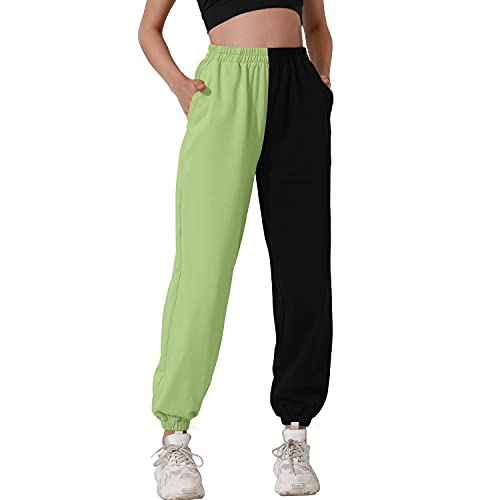 HAPYWER Jogginghose Damen Baumwolle Lang Freizeithosen High Waist Lässige Loose Sweathose mit Taschen Trainingshose Übergröße Sporthose Zweifarbig Sommerhose Casual Mode（Hellgrün，S） von HAPYWER