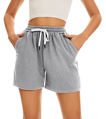 HAPYWER Kurze Hosen Damen Sommer Sport Shorts Baumwolle Sporthose Kurz mit Taschen Badeshorts Locker High Waist Bermuda Shorts S-XXL(Hellgrau,L) von HAPYWER