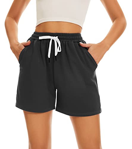 HAPYWER Kurze Hosen Damen Sommer Sport Shorts Baumwolle Sporthose Kurz mit Taschen Badeshorts Locker High Waist Bermuda Shorts S-XXL(TiefGrau,S) von HAPYWER