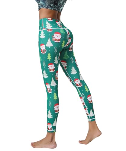 HAPYWER Damen Weihnachten Leggings Yoga Leggings High Waist Santa Leggings Bunte Yogahose Gym Sport Leggings für Running Workout Bedruckte Stretch Compression Leggings(Weihnachten-Grün,M) von HAPYWER