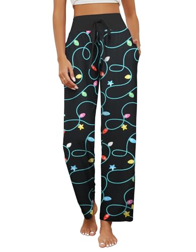 HAPYWER Festliche Pyjamahose Damen Halloween Weihnachten Pyjamahose Loungewear Weich Lässig Weites Bein Straight Leg Hose mit Taschen S-XXL(Lichtstreifen-Schwarz,XXL) von HAPYWER