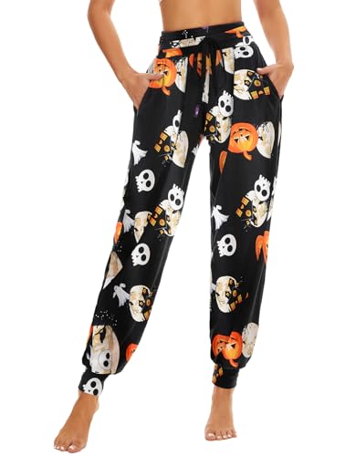 Halloween Haremshose Damen für Lounguewear Festlich Yoga Workout Hose Leichte Pyjamahose Weiche Locker Bequem Hose mit großen Taschen S-XXL(Halloween-Schwarz,L) von HAPYWER