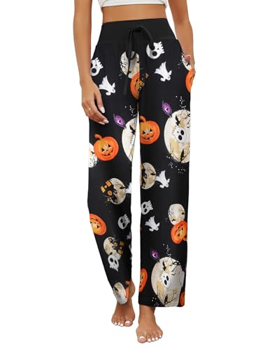 HAPYWER Halloween Schlafanzughose Damen Lang Halloween Pyjamahose Weich Lässig Weites Bein Halloween Kostüm Straight Leg Hose mit Taschen S-XXL(Halloween-Schwarz,M) von HAPYWER