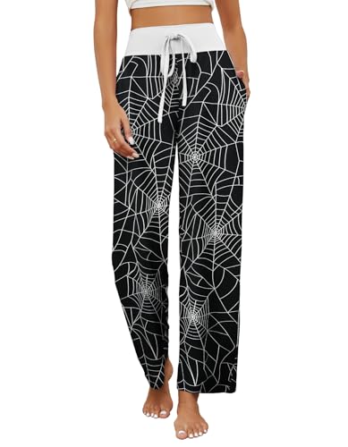 HAPYWER Halloween Schlafanzughose Damen Lang Halloween Pyjamahose Weich Lässig Weites Bein Halloween Kostüm Straight Leg Hose mit Taschen S-XXL(Spinnennetz-Schwarz,XL) von HAPYWER