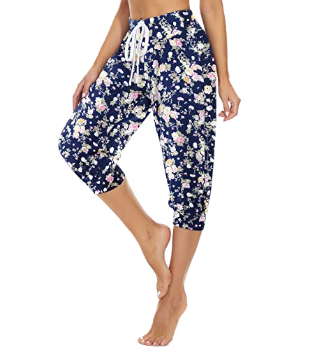 HAPYWER Haremshose Damen Kurz Baumwolle Yogahose High Waist Capri Sommerhose Jogginghose Pumphose Aladinhose Weit Bund für Pilates Yoga S-2XL(Flower03,M) von HAPYWER