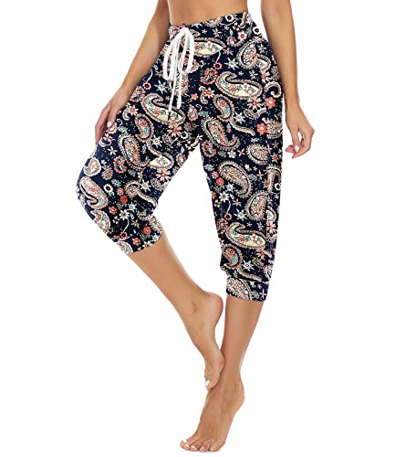 HAPYWER Haremshose Damen Kurz Baumwolle Yogahose High Waist Capri Sommerhose Jogginghose Pumphose Aladinhose Weit Bund für Pilates Yoga S-2XL(Flower59,L) von HAPYWER