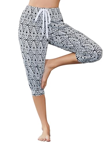 HAPYWER Haremshose Damen Kurz Yogahose 3/4 Lang Capri Sommerhose 3/4 Leicht Sporthose Strandhose Luftige Pumphose Aladinhose für Pilates Yoga S-2XL(Blume118,S) von HAPYWER
