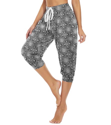 HAPYWER Haremshose Damen Kurz Yogahose 3/4 Lang Capri Sommerhose 3/4 Leicht Sporthose Strandhose Luftige Pumphose Aladinhose für Pilates Yoga S-2XL(Blume119,S) von HAPYWER