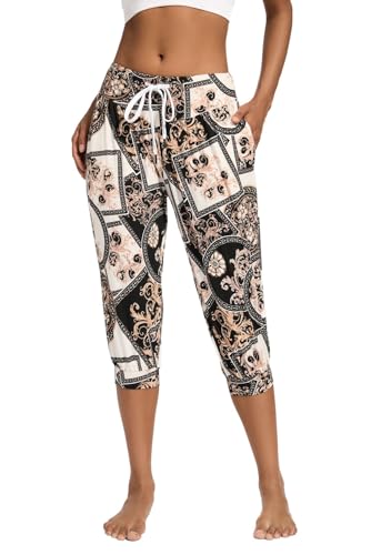 HAPYWER Haremshose Damen Kurz Yogahose 3/4 Lang Capri Sommerhose 3/4 Leicht Sporthose Strandhose Luftige Pumphose Aladinhose für Pilates Yoga S-2XL(Ethnischer Stil-1,XL) von HAPYWER