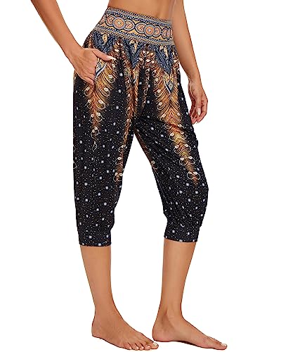 HAPYWER Haremshose Damen Kurz Yogahose 3/4 Lang Capri Sommerhose 3/4 Leicht Sporthose Strandhose Luftige Pumphose Aladinhose für Pilates Yoga S-2XL（Flower65,S von HAPYWER