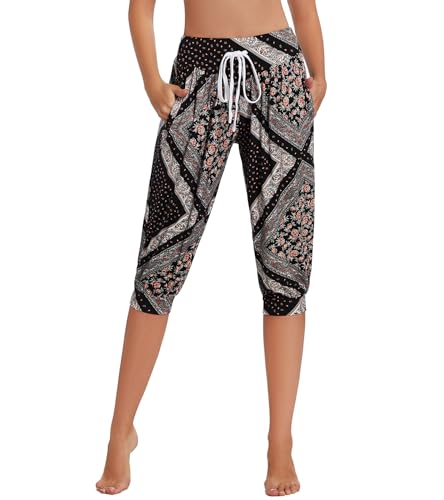 HAPYWER Haremshose Damen Kurz Yogahose 3/4 Lang Capri Sommerhose 3/4 Leicht Sporthose Strandhose Luftige Pumphose Aladinhose für Pilates Yoga S-2XL（Flower73,2X von HAPYWER