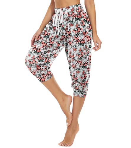 HAPYWER Haremshose Damen Kurz Yogahose 3/4 Lang Capri Sommerhose 3/4 Leicht Sporthose Strandhose Luftige Pumphose Aladinhose für Pilates Yoga S-2XL（Flower74,L von HAPYWER