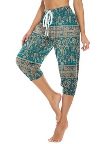 HAPYWER Haremshose Damen Kurz Yogahose 3/4 Lang Capri Sommerhose 3/4 Leicht Sporthose Strandhose Luftige Pumphose Aladinhose für Pilates Yoga S-2XL(Grün-1,L) von HAPYWER