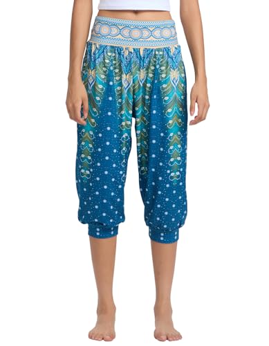 HAPYWER Haremshose Damen Kurz Yogahose 3/4 Lang Capri Sommerhose 3/4 Leicht Sporthose Strandhose Luftige Pumphose Aladinhose für Pilates Yoga S-2XL（Pfauenschwanz-blau,M von HAPYWER