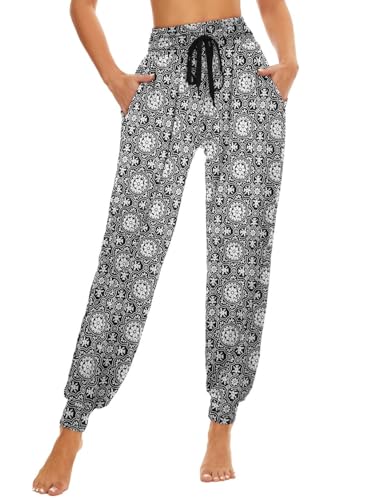 HAPYWER Haremshose Damen Lang für Sport Workout-Yogahose Jogginghose Sommerhose Leicht Weiche Lockere Bequem mit Groß Taschen-S-XXL(Blume119,S) von HAPYWER