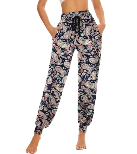 HAPYWER Haremshose Damen Lang für Sport Workout-Yogahose Jogginghose Sommerhose Leicht Weiche Lockere Bequem mit Groß Taschen-S-XXL(Flower59,XL) von HAPYWER