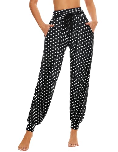 HAPYWER Haremshose Damen Lang für Sport Workout-Yogahose Jogginghose Sommerhose Leicht Weiche Lockere Bequem mit Groß Taschen-S-XXL(Polka Dot - Schwarz,XL) von HAPYWER
