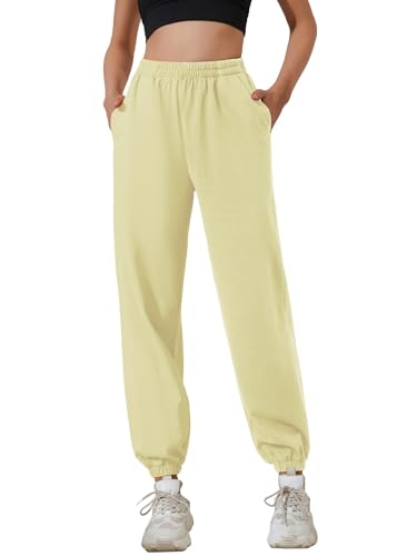 HAPYWER Jogginghose Damen Baumwolle Jogger Lang Sweathose Baggy Lässige Hose mit Taschen Sweatpants Oversize Sporthose Weit Casual S-XXL(Beige,XXL) von HAPYWER