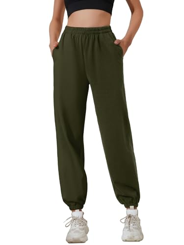 HAPYWER Jogginghose Damen Baumwolle Jogger Lang Sweathose Baggy Lässige Hose mit Taschen Sweatpants Oversize Sporthose Weit Casual S-XXL(Armeegrün,M) von HAPYWER