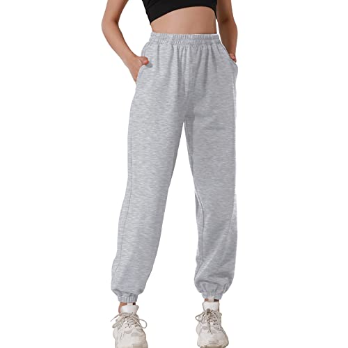 HAPYWER Jogginghose Damen Baumwolle Lang Freizeithosen High Waist Lässige Loose Sweathose mit Taschen Trainingshose Oversize Sporthose Zweifarbig Sommerhose Casual Mode(Grau,L) von HAPYWER