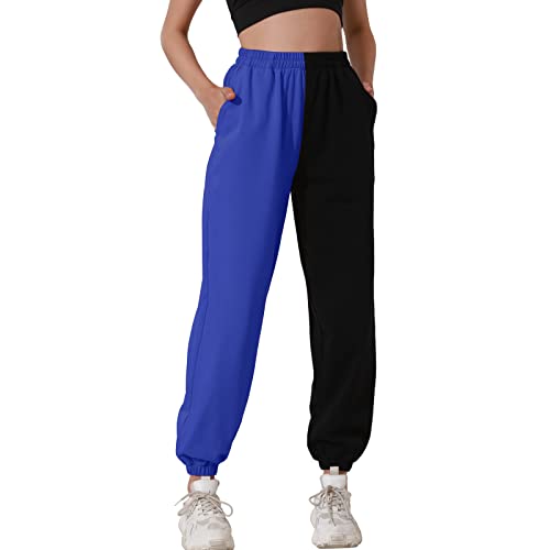 HAPYWER Jogginghose Damen Baumwolle Lang Freizeithosen High Waist Lässige Loose Sweathose mit Taschen Trainingshose Oversize Sporthose Zweifarbig Sommerhose Casual Mode(Königsblau,1X) von HAPYWER