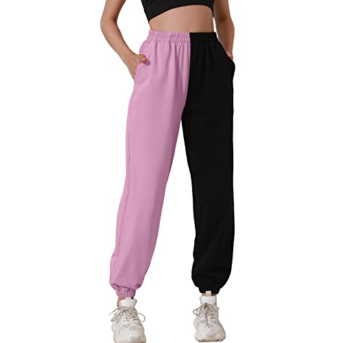 HAPYWER Jogginghose Damen Baumwolle Lang Freizeithosen High Waist Lässige Loose Sweathose mit Taschen Trainingshose Oversize Sporthose Zweifarbig Sommerhose Casual Mode(Rosa,L) von HAPYWER