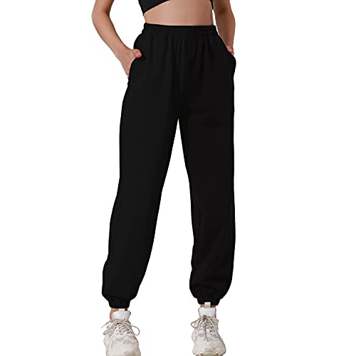 HAPYWER Jogginghose Damen Baumwolle Lang Freizeithosen High Waist Lässige Loose Sweathose mit Taschen Trainingshose Oversize Sporthose Zweifarbig Sommerhose Casual Mode(Schwarz,S) von HAPYWER