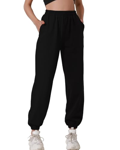 HAPYWER Jogginghose Damen Baumwolle Jogger Lang Sweathose Baggy Lässige Hose mit Taschen Sweatpants Oversize Sporthose Weit Casual S-XXL(A-schwarz,XL) von HAPYWER
