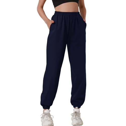 HAPYWER Jogginghose Damen Baumwolle Sporthose High Waist Lässige Loose Sweathose mit Taschen Gym Trainingshose Oversize Sporthose Zweifarbig Freizeithose（Navy Blau，2X von HAPYWER